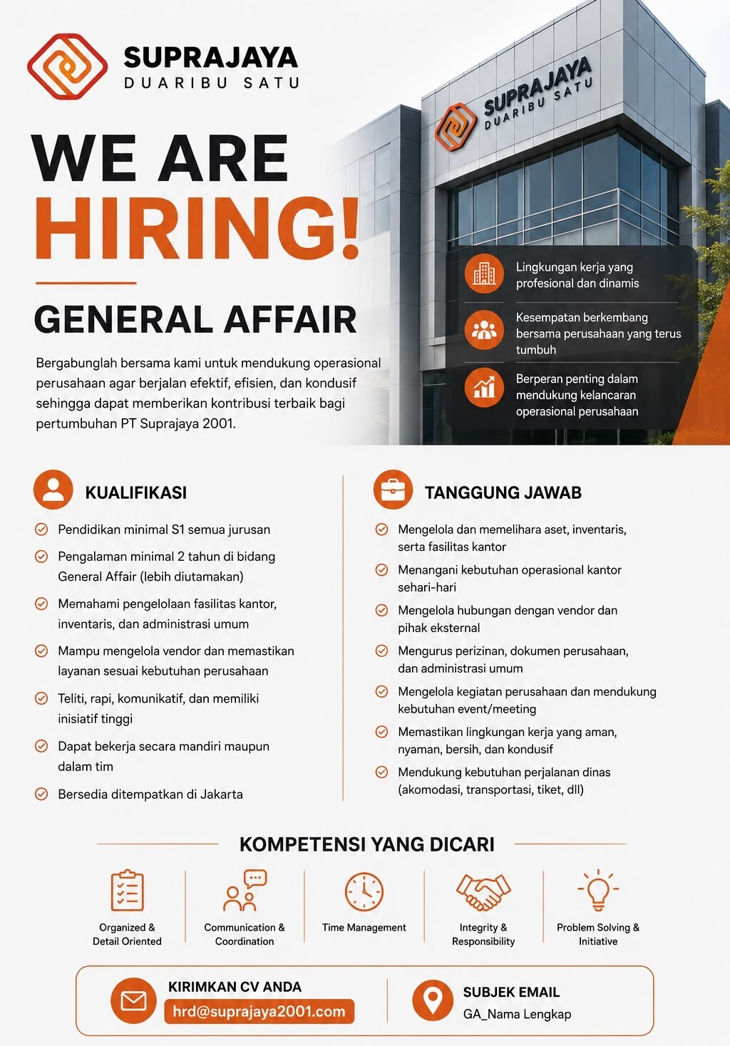 Flyer Lowongan General Affair PT Suprajaya 2001